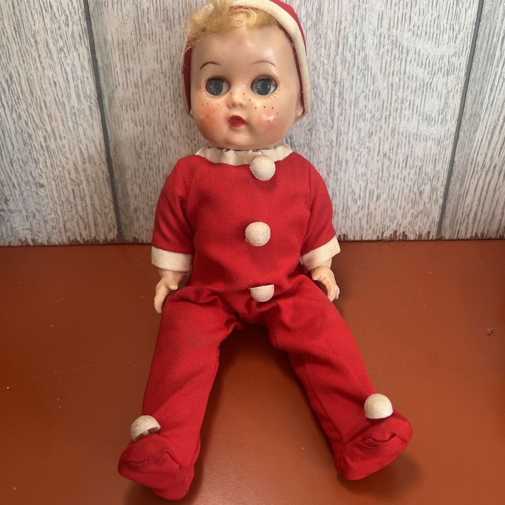 Vintage 1970s Mego Freckles Doll 10 inch Christmas Baby Red Pajamas Broken Crier